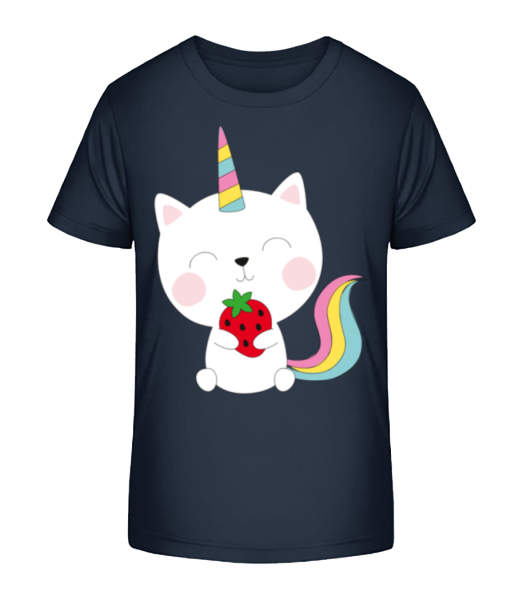 Einhorn Katze Mit Erdbeere - Kinder Bio T-Shirt Stanley Stella - Marine - Vorne