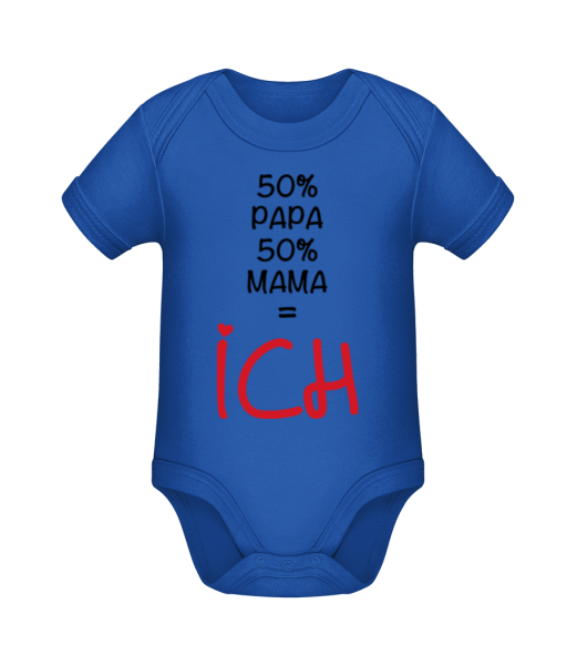 50% Papa, 50% Mama - ICH - Baby Bio Strampler - Royalblau - Vorne