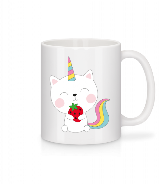 Einhorn Katze Mit Erdbeere - Tasse - Weiß - Vorn