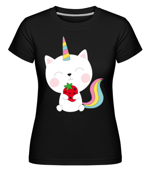 Einhorn Katze Mit Erdbeere - Shirtinator Frauen T-Shirt - Schwarz - Vorne